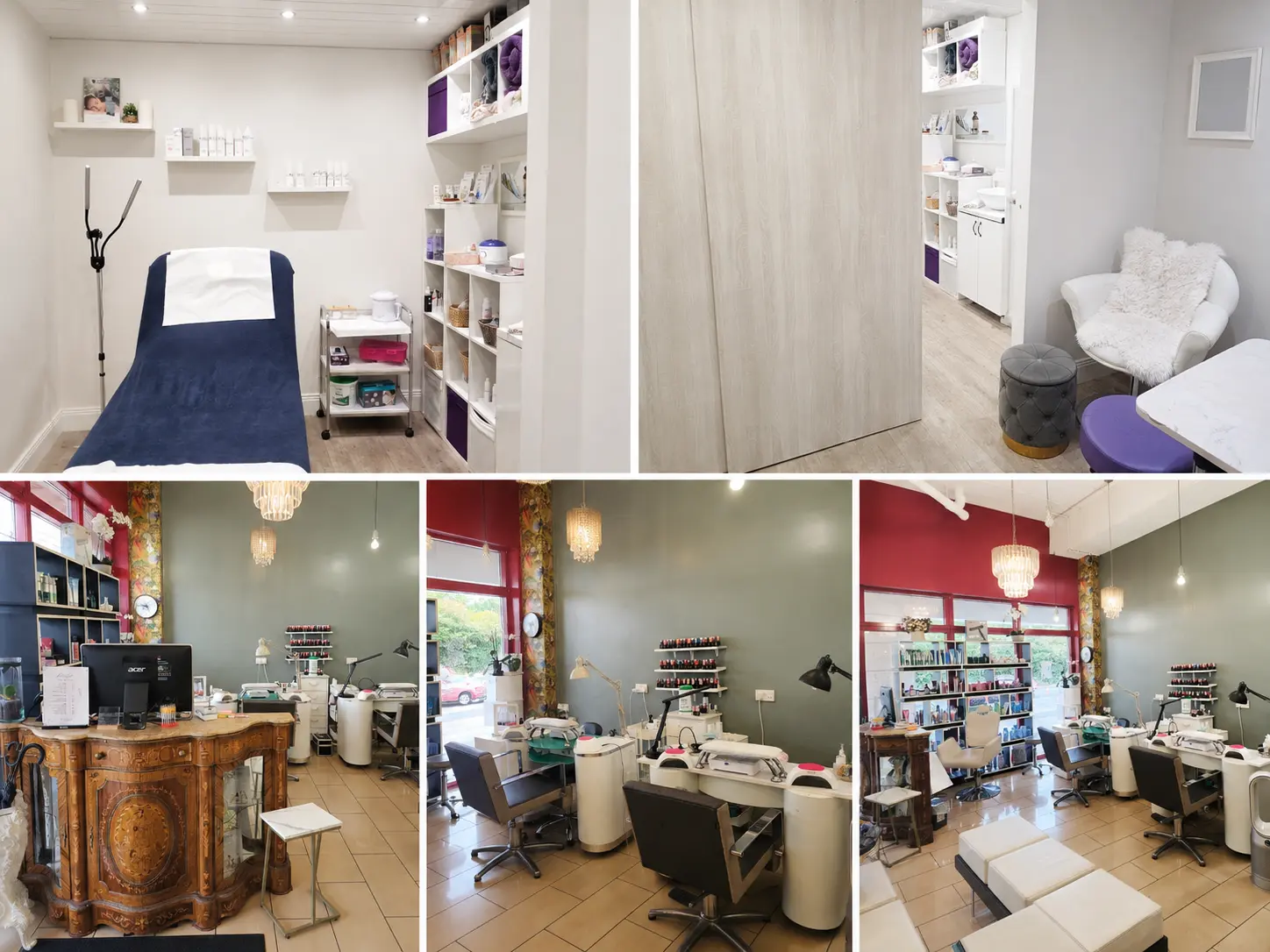A collage of moments inside Pamper Yourself: the salon floor, styling stations and treatment rooms